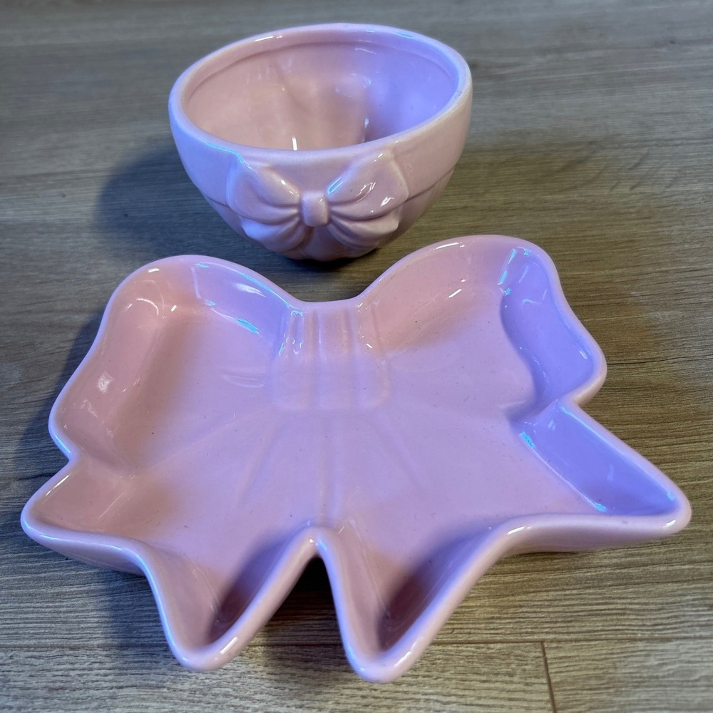 Hobby Lobby Pink Ceramic Bow Bowl and Plate Set Coquette Aesthetic Snack Dishes